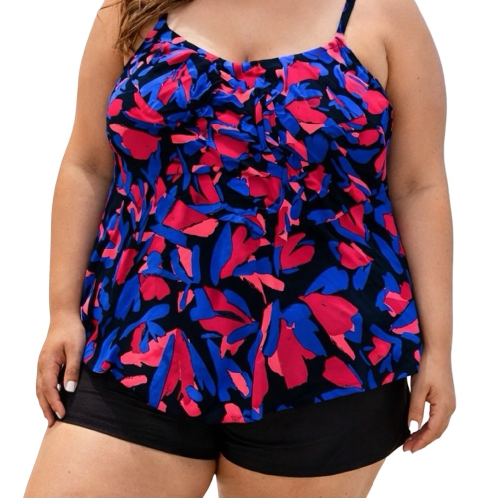 Bold Abstract Tankini Swim Top 26W/28W Pink Blue Black Plus Size